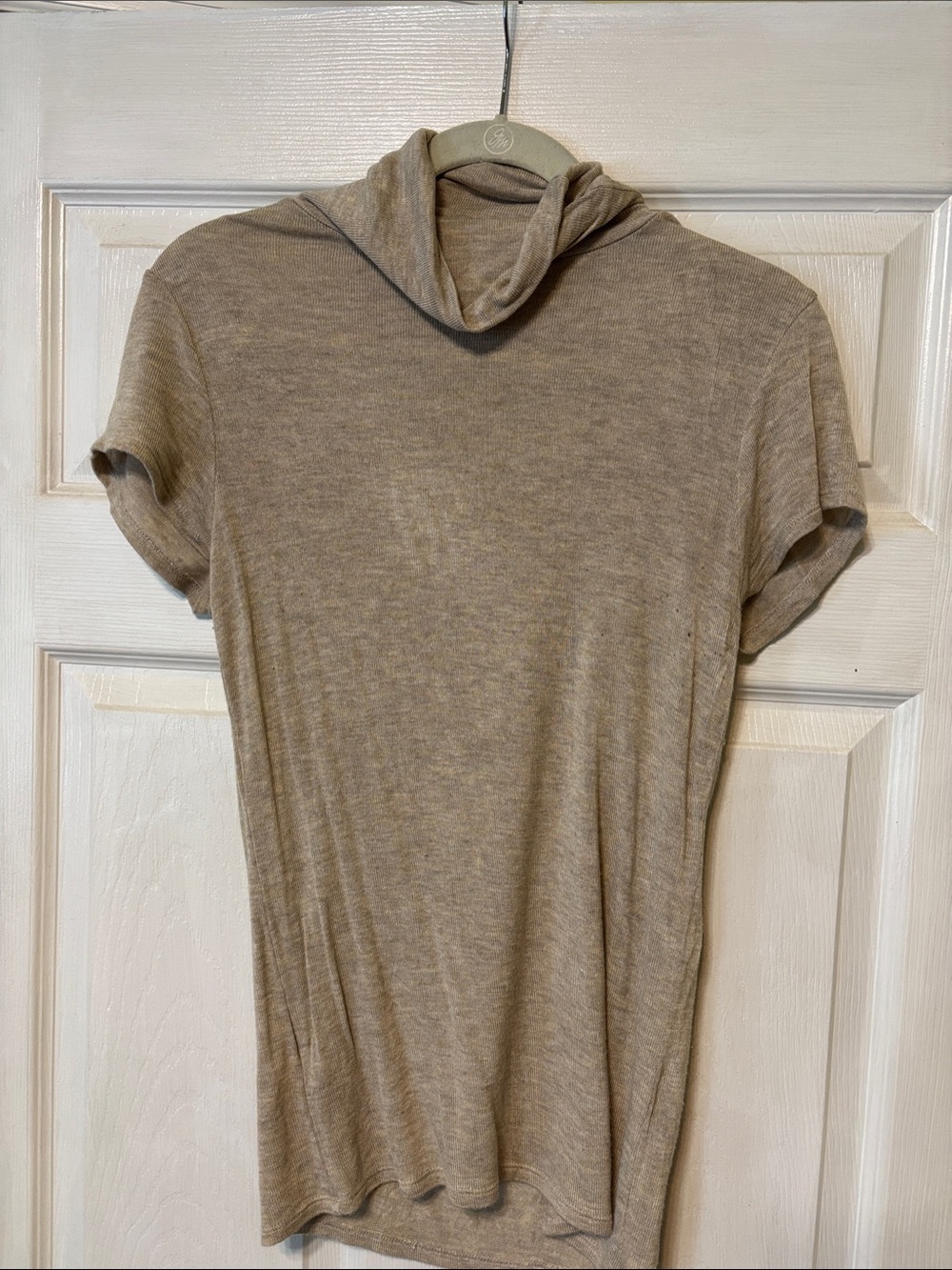 Elan M Neutral Taupe Short Sleeve Cowl Top